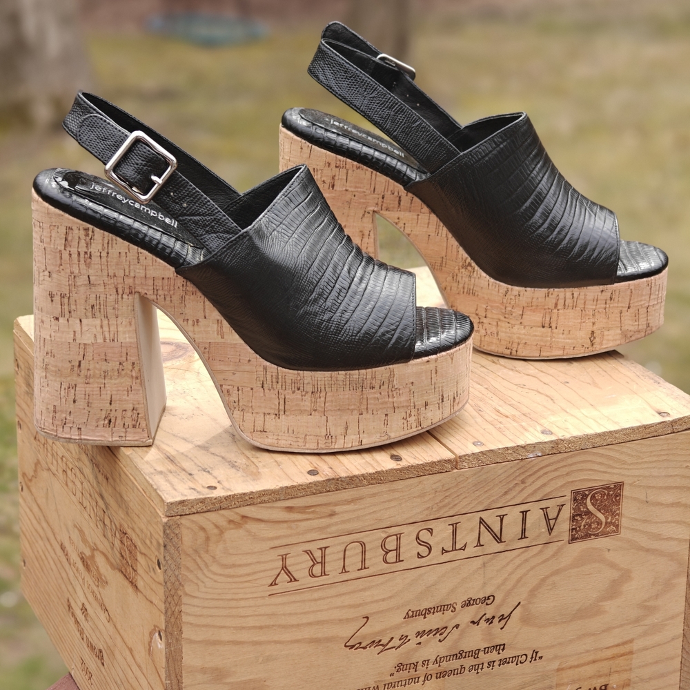 Jeffrey Campbell "MATTIX" Black Textured Leather Cork Platform Slingbacks